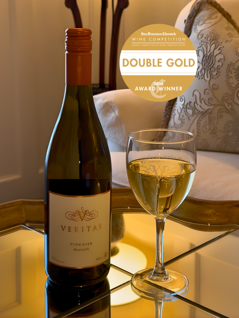 A bottle and glass shot of Viognier 2024, with the San Francisco Chronicle Wine Competition logo for Double Gold winners. 