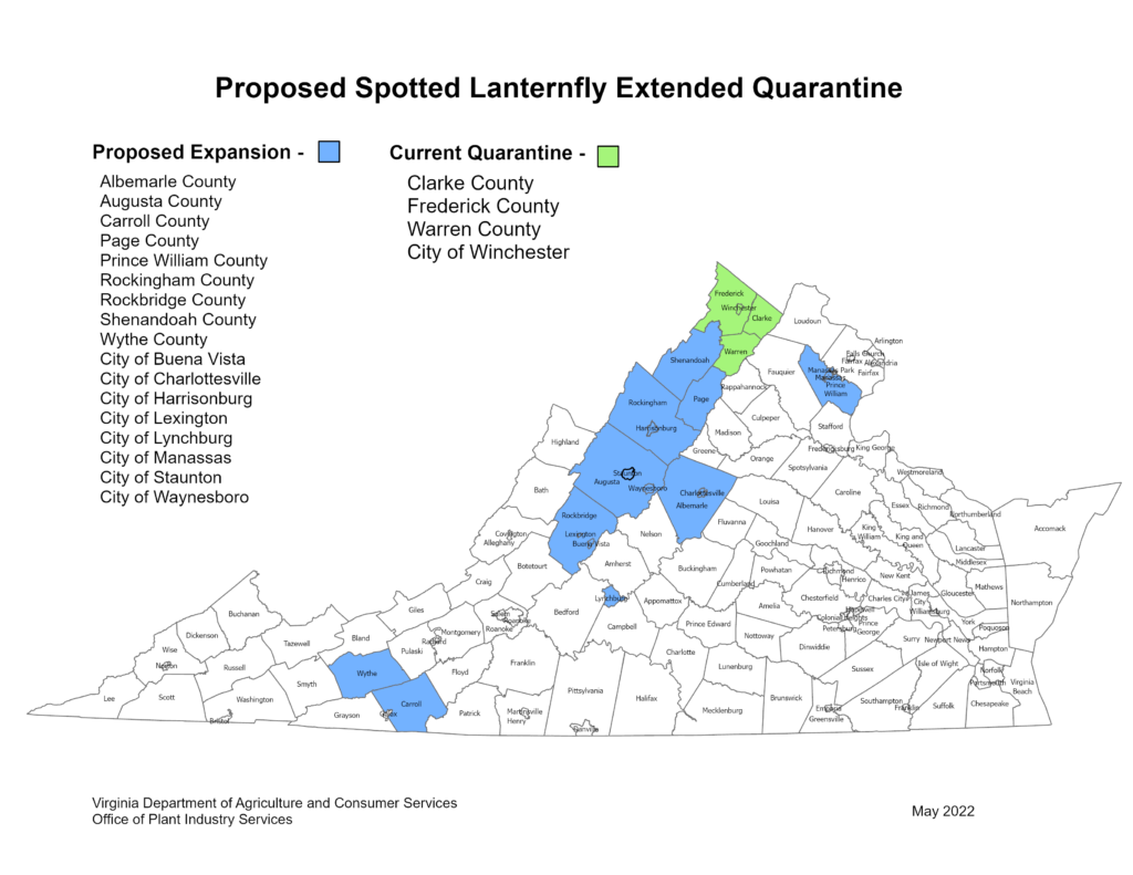 VA Dept of Agriculture Proposed Spotted Lanternfly Extended Quarantine Map