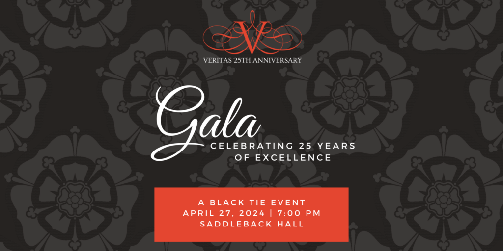 25th anniversary logo with text: Gala celebrating 25 years of excellence, a black tie event, april 27, 2024 at 7:00 pm in Saddleback Hall, on a black damask background