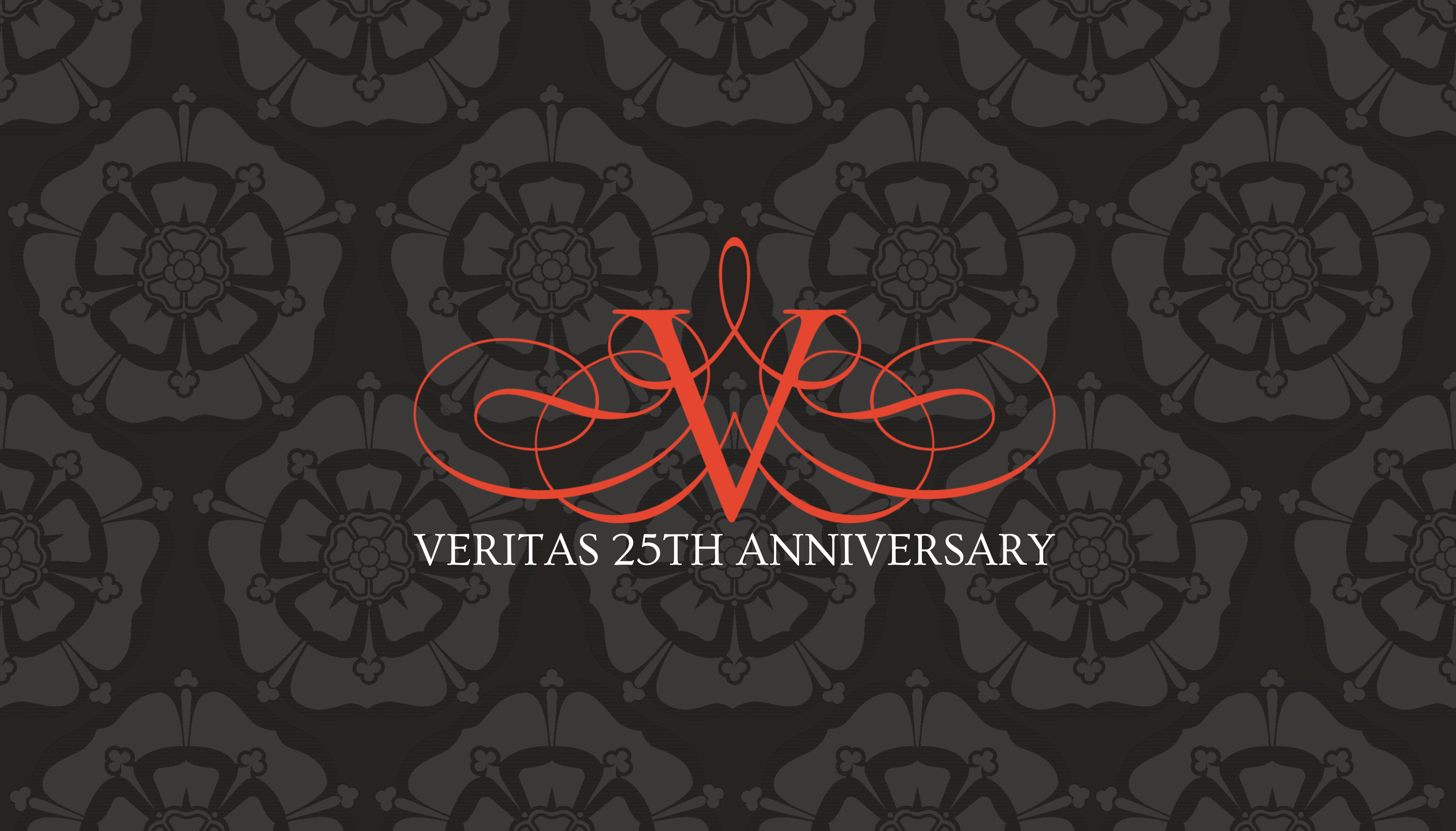 Veritas 25th Anniversary logo in red on black damask background.