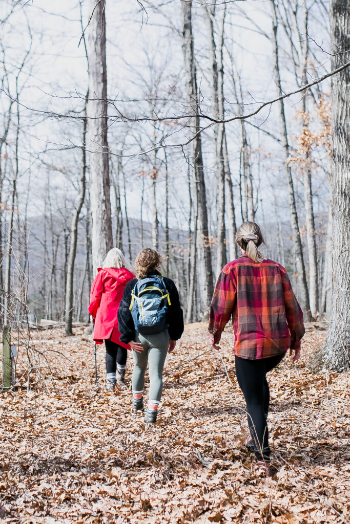 Three women walking in the woods during winter with the tree bare and leaves on the ground. 