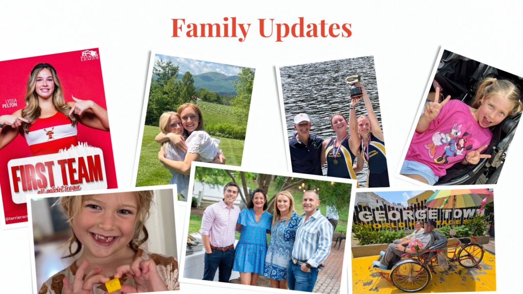 text in red at top of photo says "family updates" with seven smaller photos underneath showcasing the authors family. 