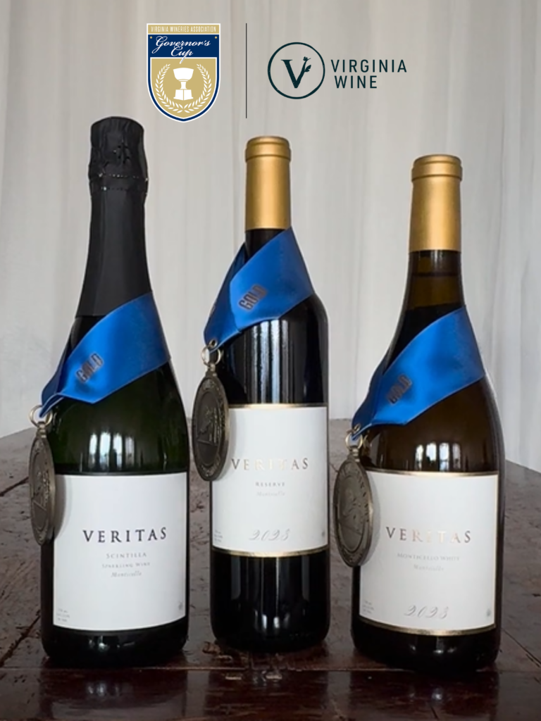 A bottle shot Veritas' Virginia Governor's Cup Competition Gold winners, along with the logo.